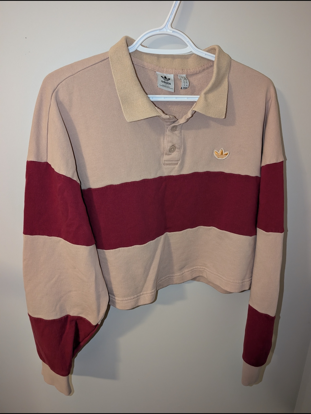 adidas Pink Beige & Burgundy Cropped Rugby Polo Sweatshirt